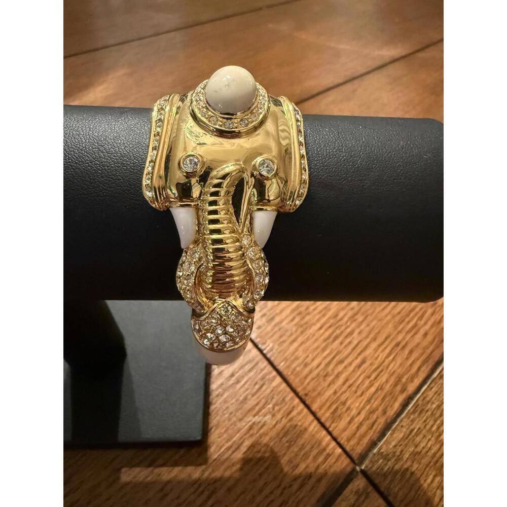 Vintage Elephant Bracelet Gold Toned Cream White Clamped